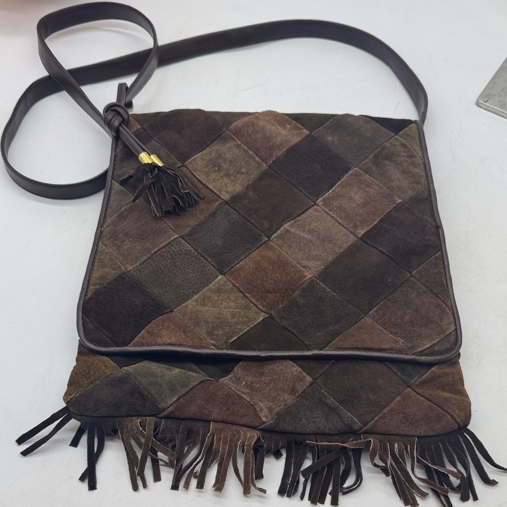 Chocolate Brown Patchwork Leather Shoulder Bag Wi… - image 1